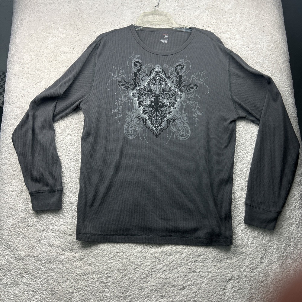 Vintage Y2K J Ferrar AOP Grey Affliction Style Thermal Long Sleeve Shirt L